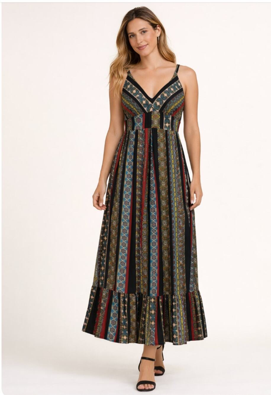T Tahari Boho Maxi Dress Womens SP Petite Multicolor V Neck Empire Waist Flounce